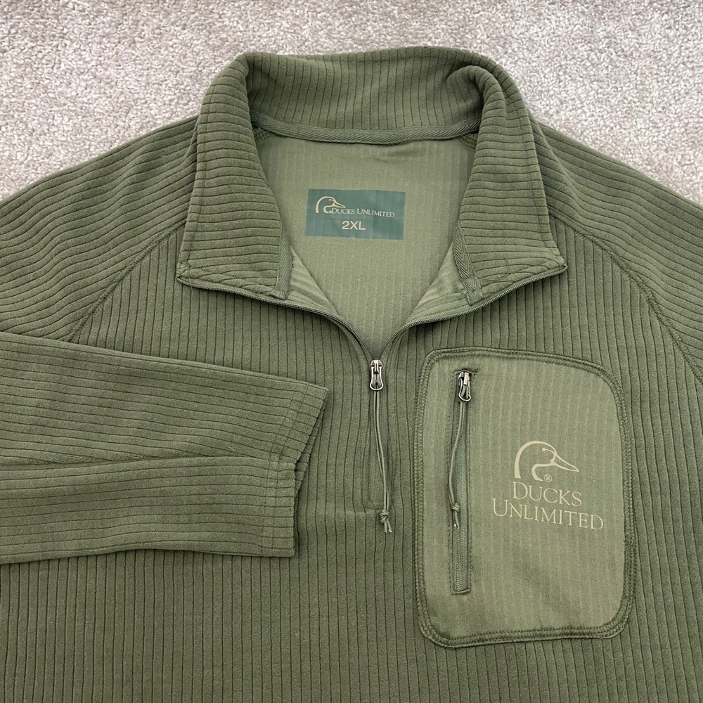 Ducks Unlimited Pullover Mens 2XL 1/4 Zip Olive Green Ribbed Thumbhole Wildlife